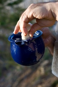 blue moss scuttle with hand and shave brush